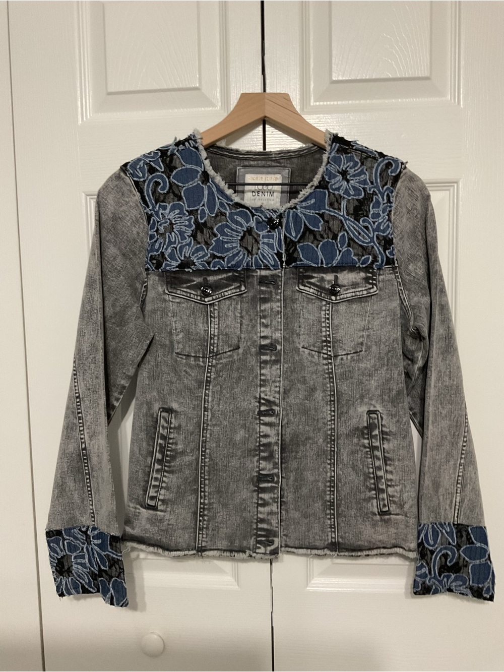 Logo Gray Denim Jacket with Blue Floral Appliqué